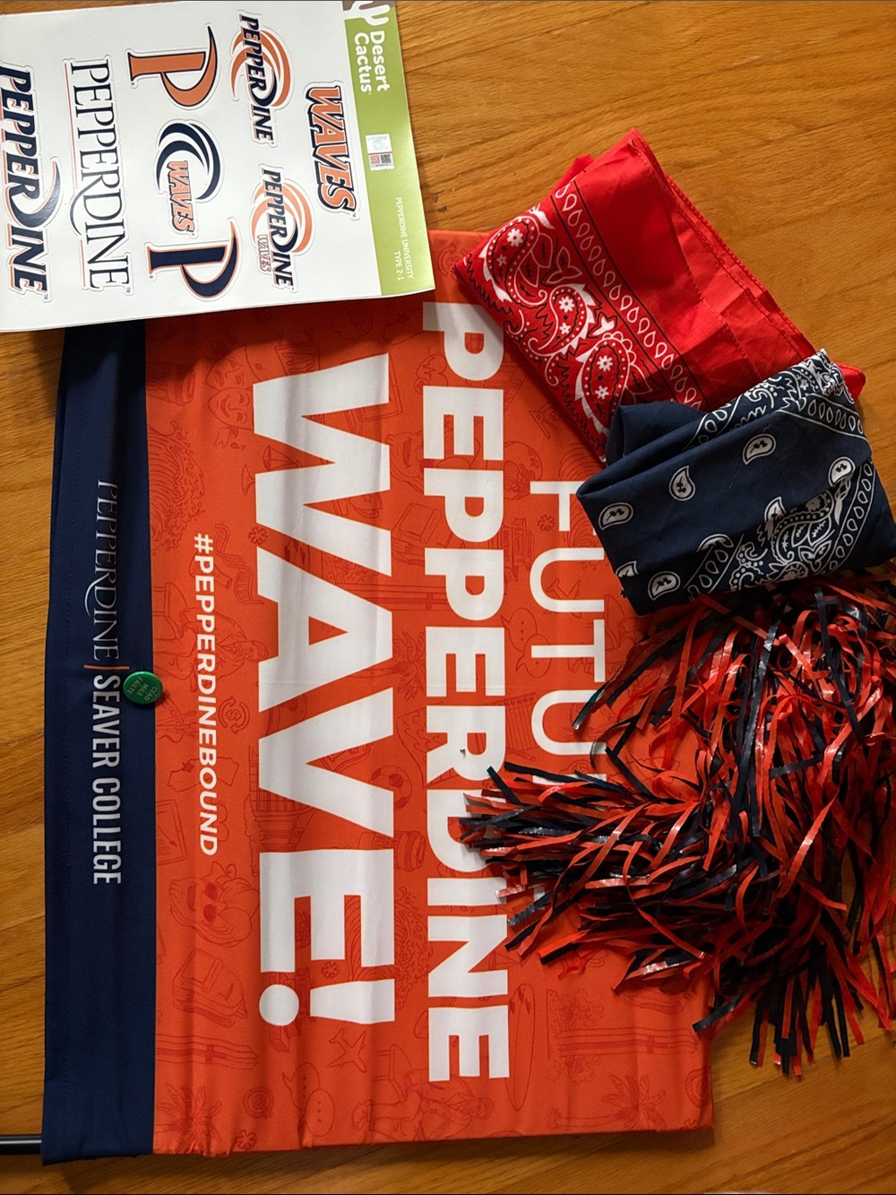 Pepperdine Waves Stickers, Yard sign, Cheering pom, and Bandanas